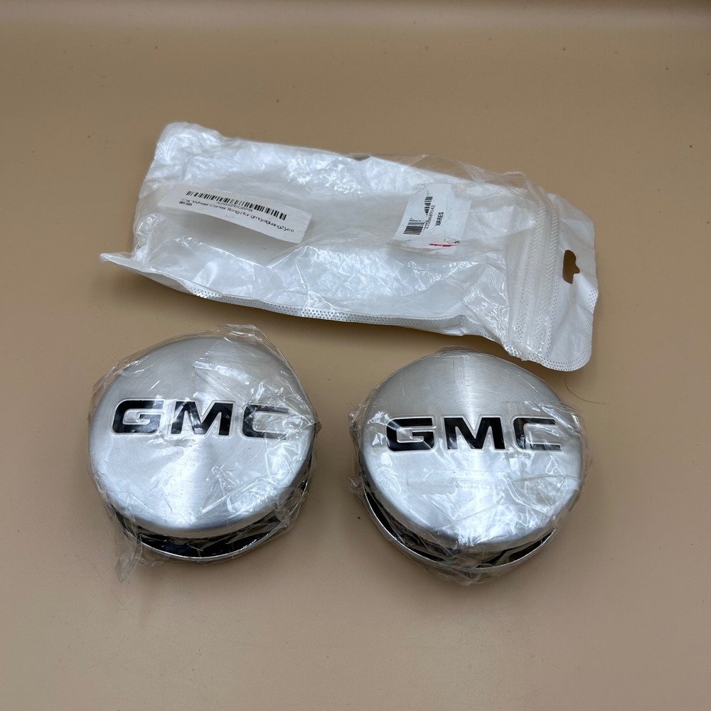 GMC Wheel Center Caps Set of 2 Brushed Silver Black Logo Hub Covers X002ZEC6PR